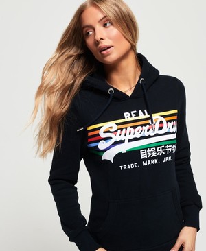 Superdry Vintage Logo Rainbow Stripe Női Kapucnis Pulóver Sötétkék | AGNBT0637